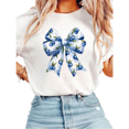 thumbnail image 1 of Women Casual Blueberry Pattern Bow Graphic Tees Cotton Crew Neck Printed T Shirt Tops White S-5XL, 1 of 4