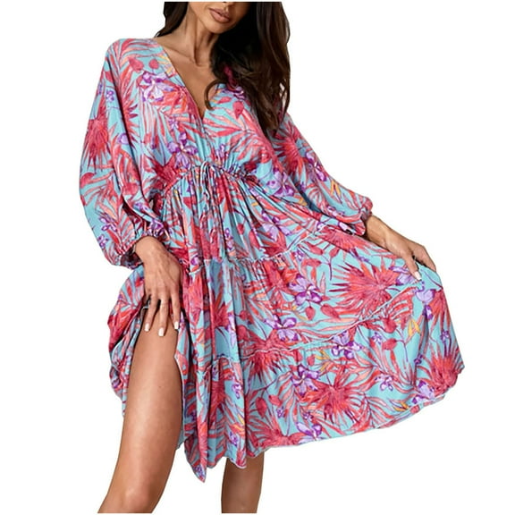 Women Casual Bohemian Dress Bat Short Sleeve V-neck Loose Swing Tiered Mini Dress Mexican Style Beach Sundress