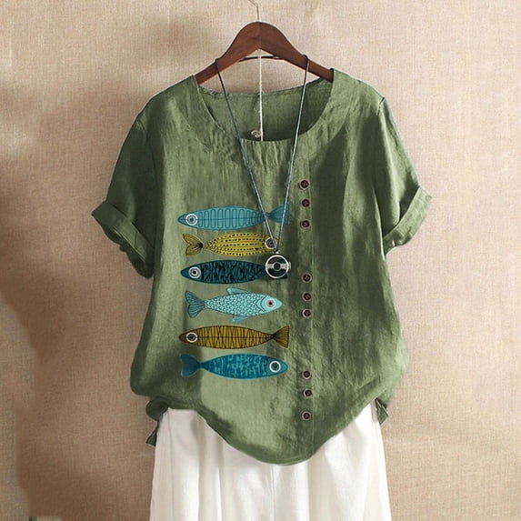 Women Casual Boho Fish Print Loose Blouse Short Sleeve Shirt Button Top