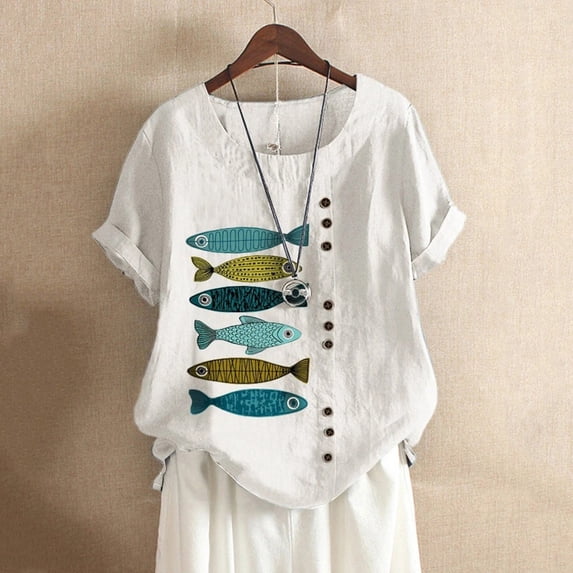 Women Casual Boho Fish Print Loose Blouse Short Sleeve Shirt Button Top