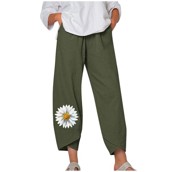 Women Casual Boho Print Pant Elastic Waist Pant Pocket Loose Harem Pants