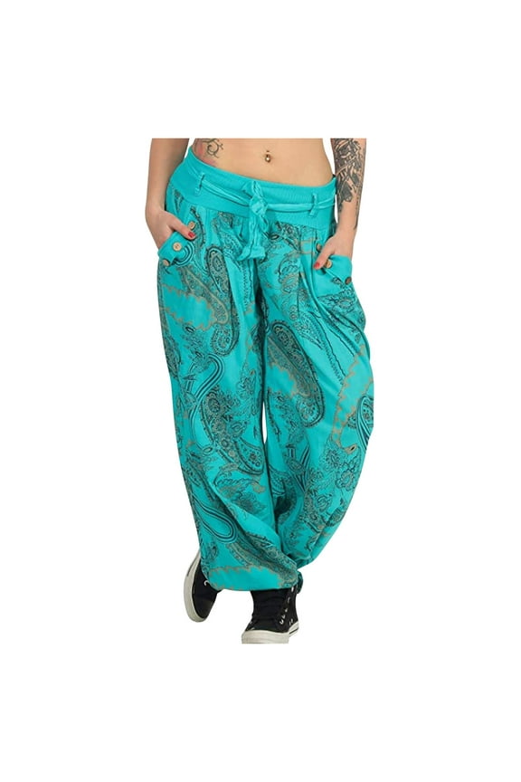Women Casual Boho Print Pants Wide Leg Pants Loose Pocket Button Harem Pants