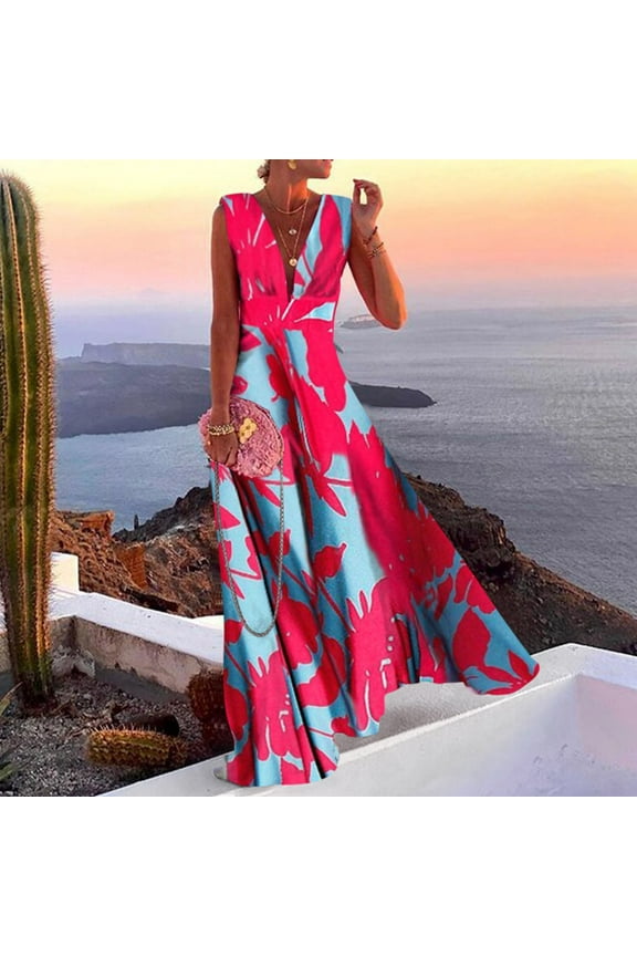 Women Casual Boho Print Zipper V Neck Sleeveless Long Dress Holiday Dress Floral Summer Dresses for Women Women's Summer Dresses Casual