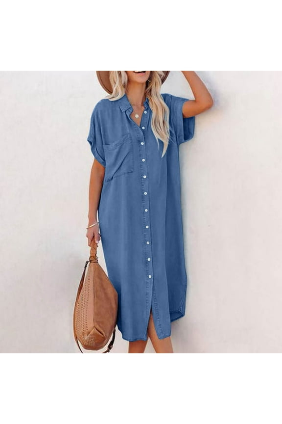 Women Casual Button Down Denim Midi Shirt Dress Side Slit Short Sleeve Jean Dress With Pocket Smocked Dresses for Women Short Sleeve Maxi Dress Sleeveless Dresses for Summer Wrap Summer Dress for