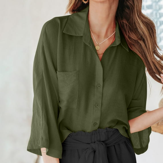 Women Casual Button Down Fall Blouses 2023 3/4 Sleeve Solid Business Work Tops Trendy Loose Fit Dressy Tunic Shirts with Pocket