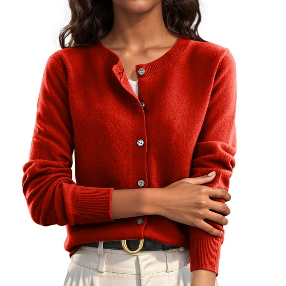 Women Casual Button Front Cardigan Long Sleeve Knitted Sweater Solid Color Crew Neck Soft Warm Outerwear Lightweight Daily Wear Fashion Clothing Red M