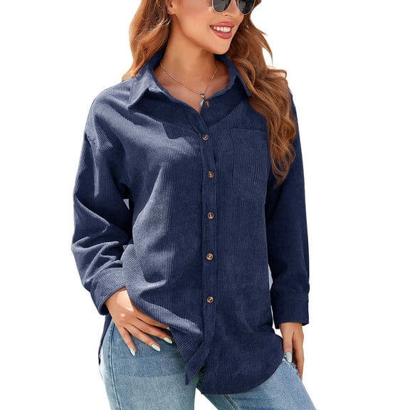 Women Casual Button Up Shirt Loose Turn Down Collar Long Sleeve Blouse Tops with Pocket for Office Work Dark Blue XXL
