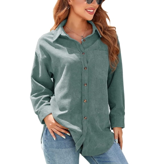 Women Casual Button Up Shirt Loose Turn Down Collar Long Sleeve Blouse Tops with Pocket for Office Work Olive Green XXL