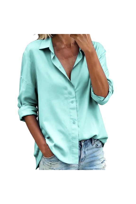 Women Casual Button Up Shirts Long Sleeve Collared Blouse Loose Fit Work Office Tops Solid Blouses for Vacation Ladies