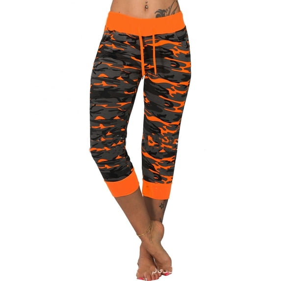 Women Casual Camouflage Crop Leggings Plus Size Elastic Waist Pants for Yoga Fitness Sports Gym Trousers Drawstring Color Stitching Women Leggings
