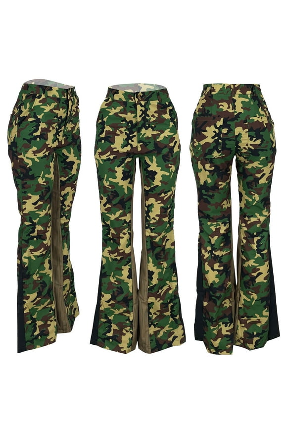 Women Casual Camouflage Trousers Camo Cargo Zip Button Design Patchwork Flared Outdoor Jogger Pants with Pocket