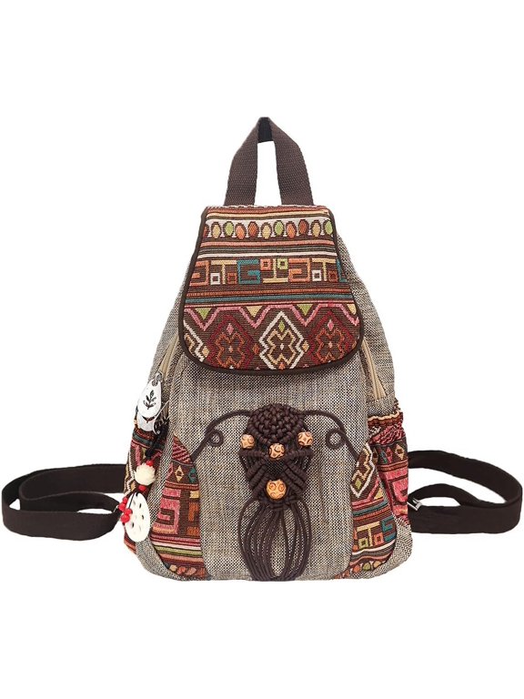Women Casual Canvas Backpack Boho Hand-Woven Exquisite Knitting Backpack with Lots of Pockets Gift for Young Adult Women