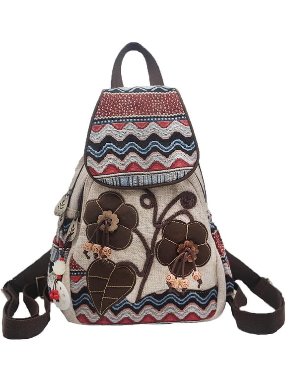 Women Casual Canvas Backpack Boho Hand-Woven Exquisite Knitting Backpack with Lots of Pockets Gift for Young Adult Women