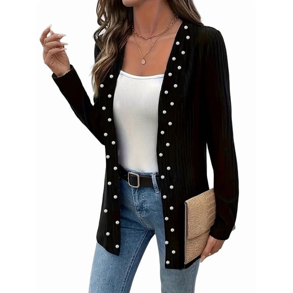 Women Casual Cardigan Soft Knit Cardigan Sweater Open Front Long Sleeve Coat Black XL
