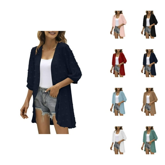 Women Casual Cardigan Three Quarter Sleeve Open Front Lightweight Dots Cardigan Draped Ruffles Cardigan Cardigan Sweaters for Women