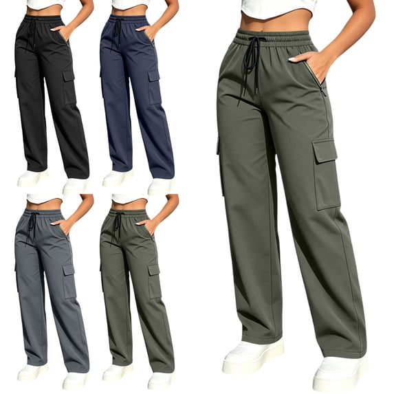 Women Casual Cargo Pants Elastic Waist Straight Leg Multi Pocket Athletic Solid Color Joggers