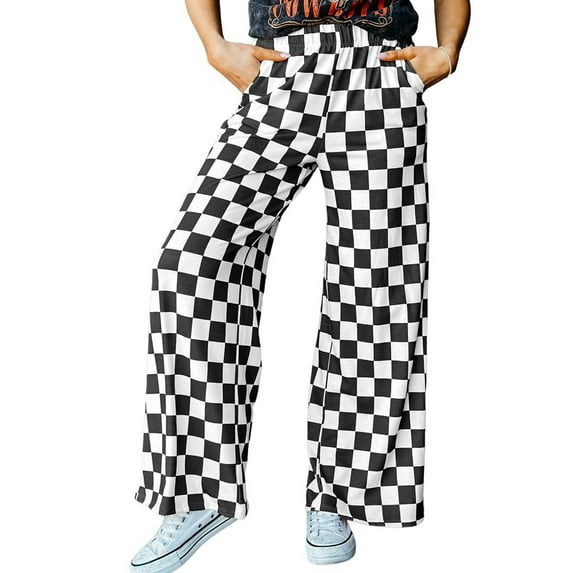Women Casual Checkered Pants Elastic Waist Comfy Loose Wide Leg Pants with Pockets Black XL