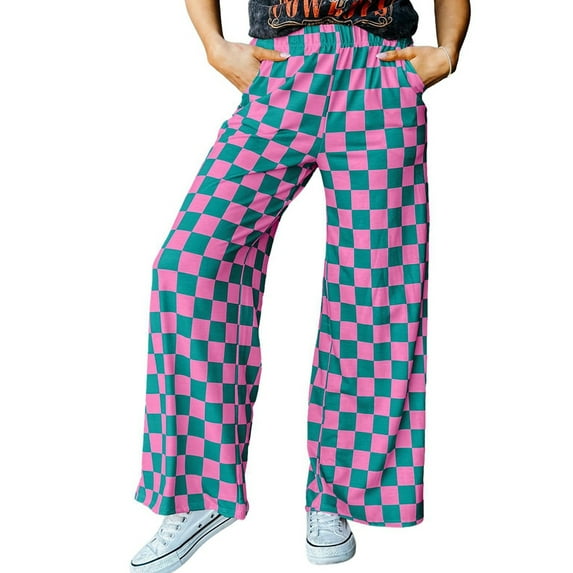 Women Casual Checkered Pants Elastic Waist Comfy Loose Wide Leg Pants with Pockets PDark Green Grid XXL
