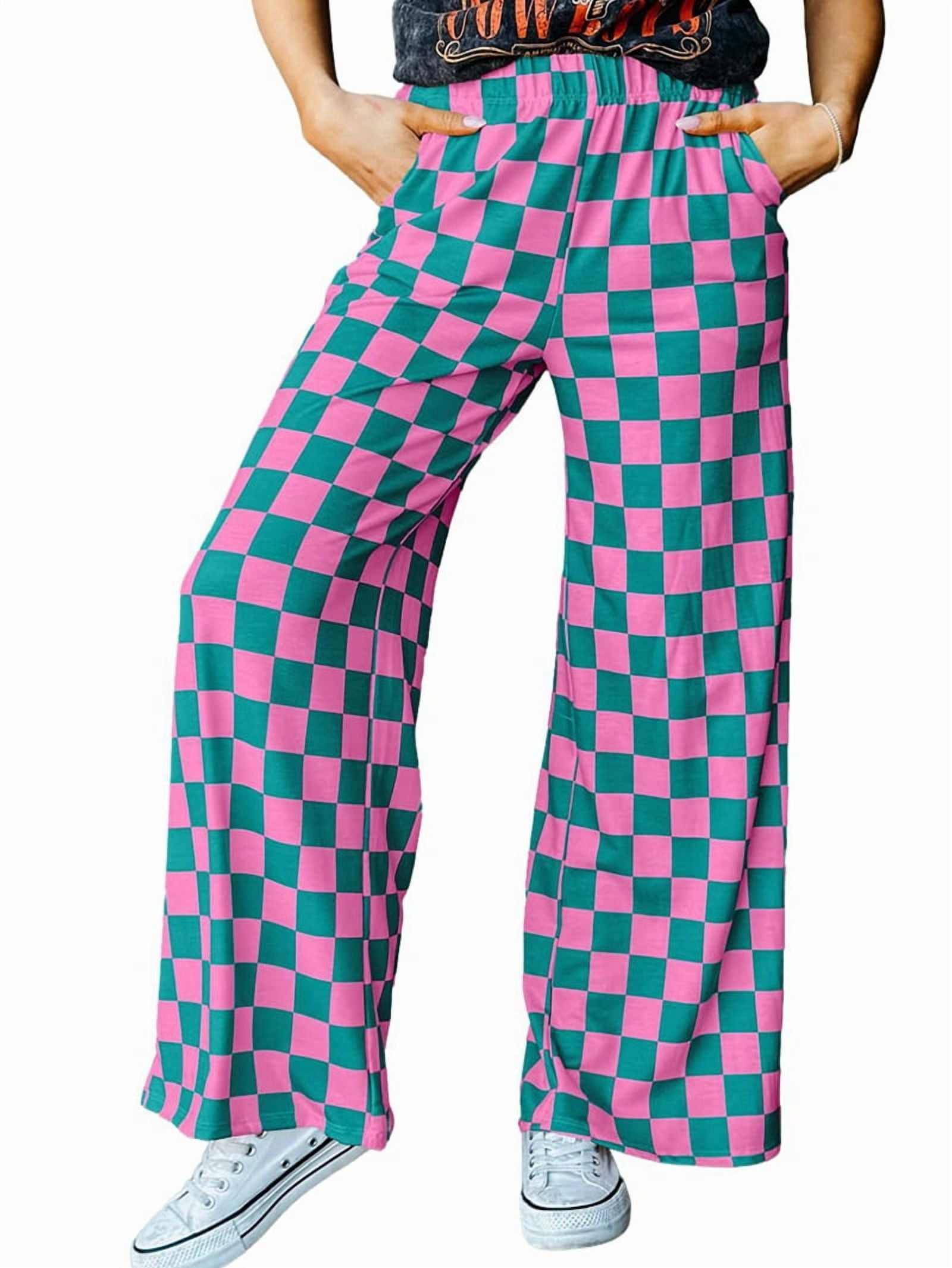 Women Casual Checkered Pants Elastic Waist Comfy Loose Wide Leg