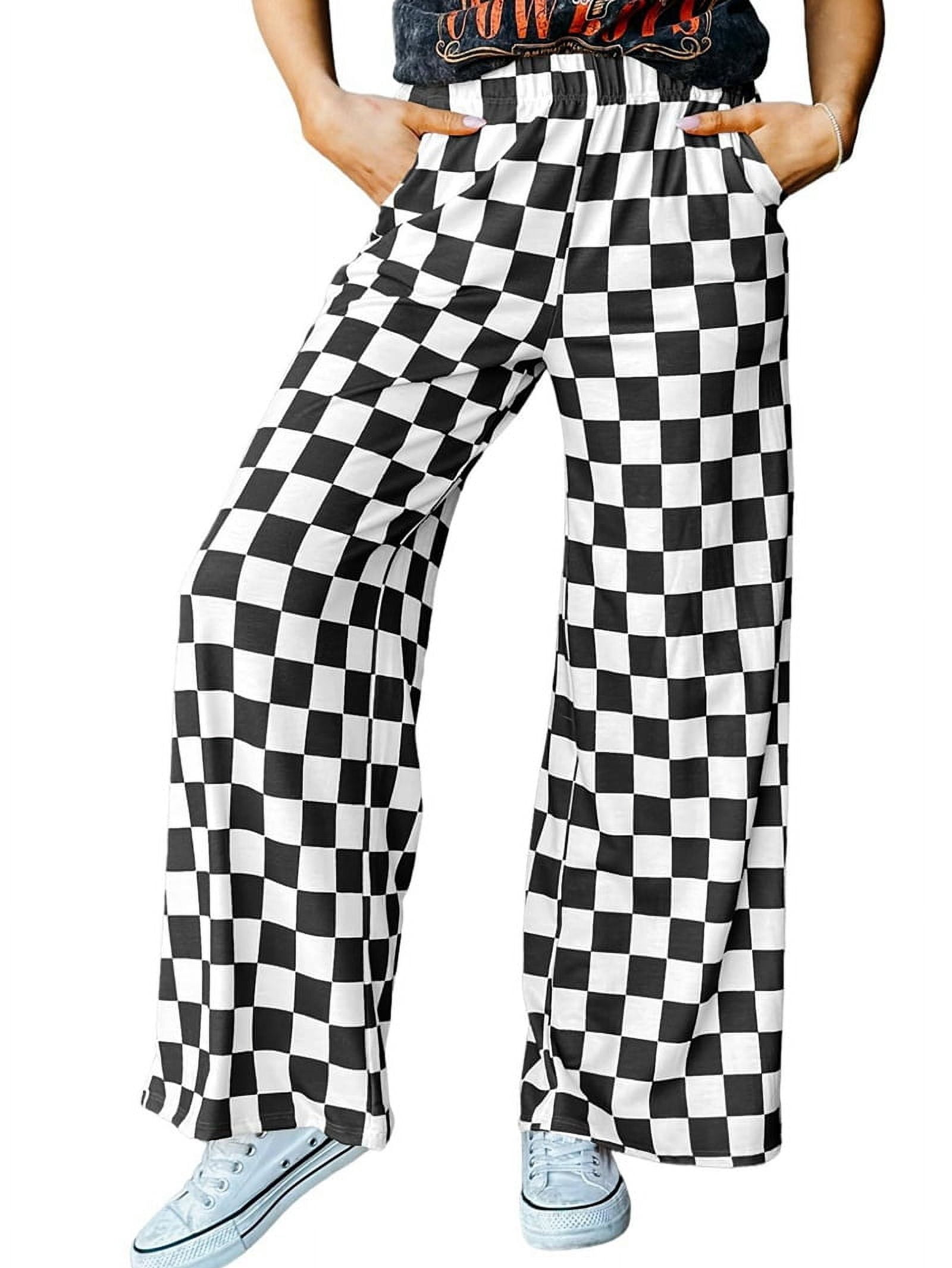 Women's Checkered Pants Wide Leg with Elastic Waist & Pockets Comfortable Casual