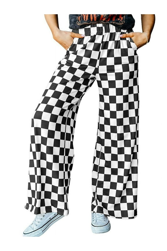 Women's Checkered Pants Wide Leg with Elastic Waist & Pockets Comfortable Casual