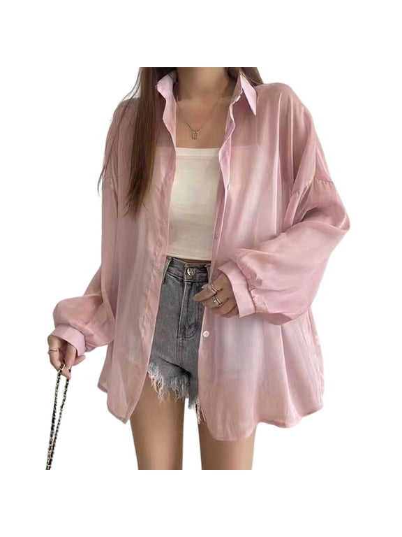 Women Casual Chiffon Sheer Blouses Long Sleeve Lapel Collar Button Down Loose Shirts Tops Sunscreens Outwear
