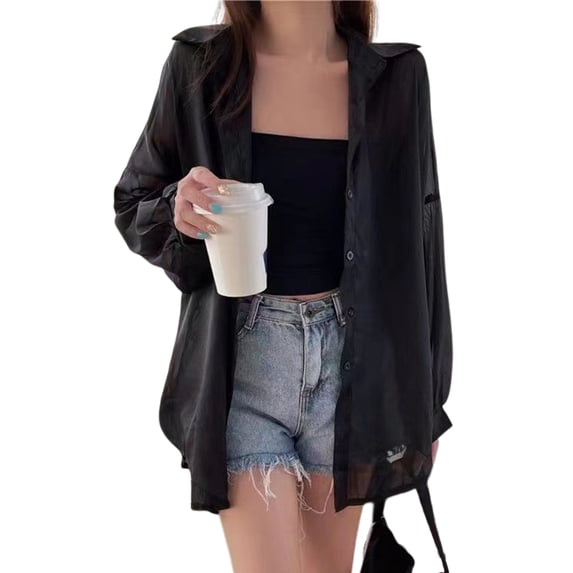 Women Casual Chiffon Sheer Blouses Long Sleeve Lapel Collar Button Down Loose Shirts Tops Sunscreens Outwear