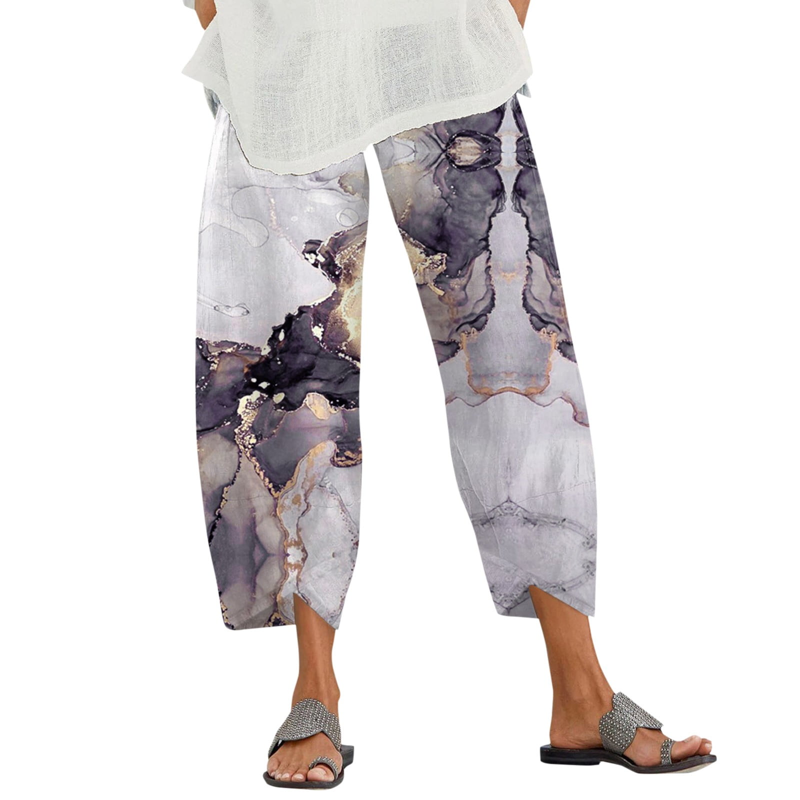 Women Casual Clothes Summer Wide Leg Pants Irregular Print Splice Loose ...