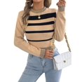 thumbnail image 1 of Women Casual Color Block Stripe Ribbed Crew Neck Slim Cropped Long Sleeve Knit Pullover Sweater Khaki M, 1 of 10