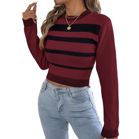 Women Casual Color Block Stripe Ribbed Crew Neck Slim Cropped Long Sleeve Knit Pullover Sweater Wine Red M