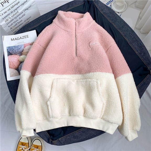 Women Casual Comfortable Half High Collar Zipper Thickening Lamb Fuzzy Color Block Outerwear Autumn Winter Warm Sweatshirt Behemoth Zip Hoodie Woman Zip up Hoodie Snap Front Hoodie Women Long Hoodies