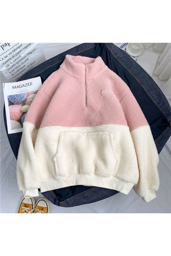 Women Casual Comfortable Half High Collar Zipper Thickening Lamb Fuzzy Color Block Outerwear Autumn Winter Warm Sweatshirt Behemoth Zip Hoodie Woman Zip up Hoodie Snap Front Hoodie Women Long Hoodies