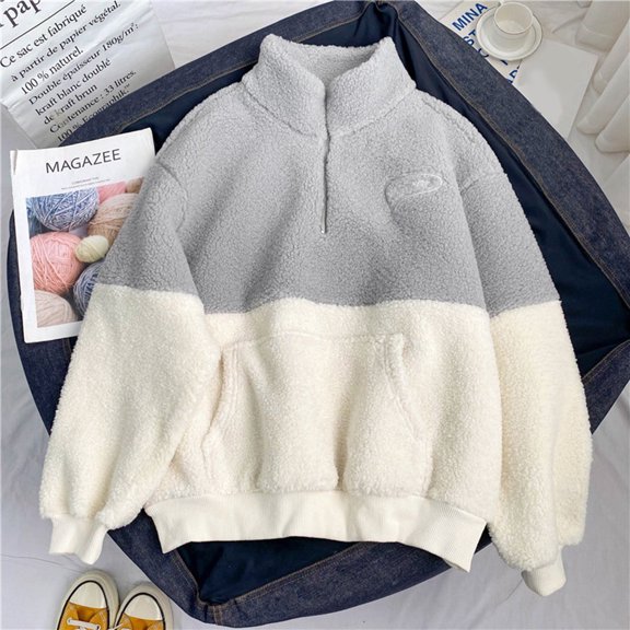 Women Casual Comfortable Half High Collar Zipper Thickening Lamb Fuzzy Color Block Outerwear Autumn Winter Warm Sweatshirt Tunic Length Zip up Hoodie Long Hoodies Women Lightweight Womens Sweatshirt