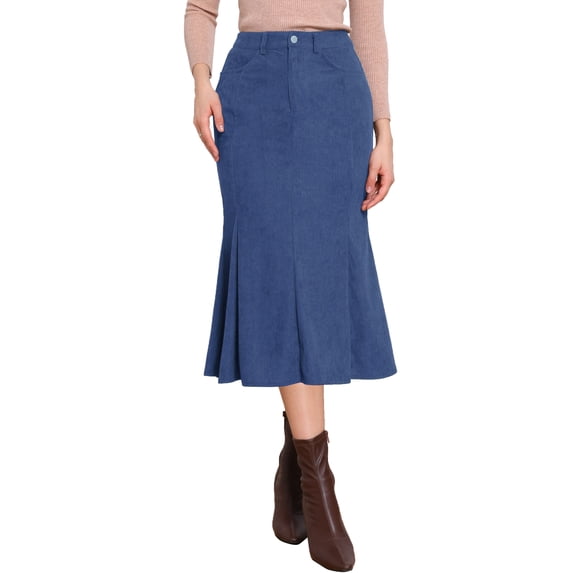 INSPIRE CHIC Women Casual Corduroy High Waist Bodycon Fishtail Maxi Work Skirt for Fall and Winter L Grey Blue
