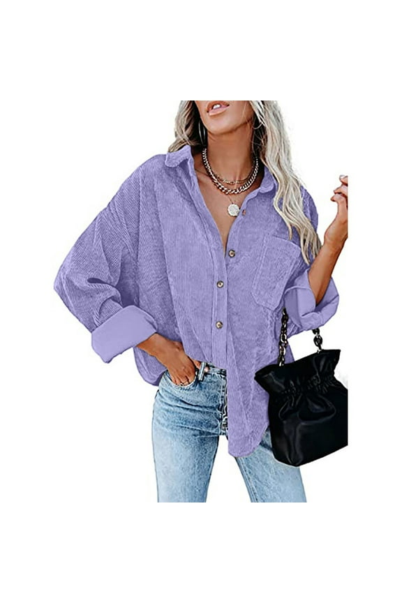 Women Casual Corduroy Shirt Oversize Ladies Shacket Jacket Long Sleeve Button Down Boyfriend Blouse Open Front Coat Top