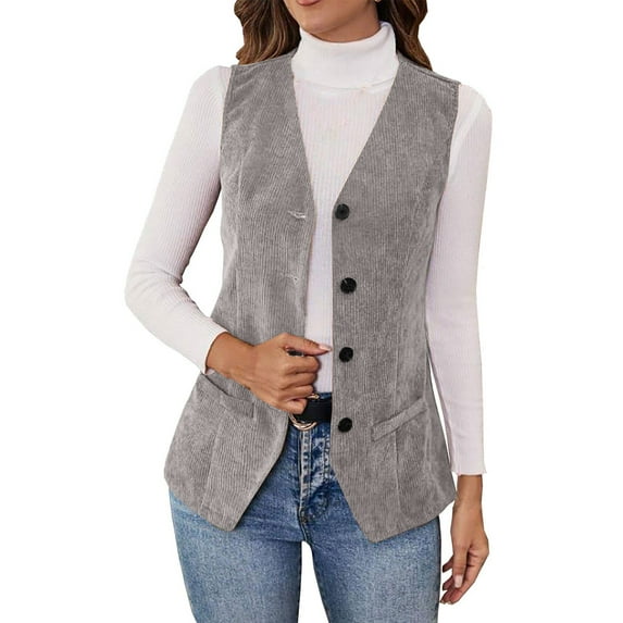 Women Casual Corduroy Vest Slim Fit V Neck Button Sleeveless Blazer Jacket Vintage Lightweight Fall Winter Coat With Pocket