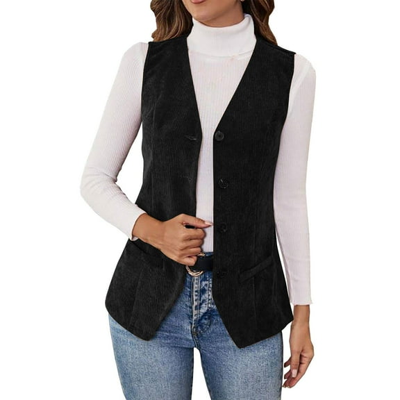 Women Casual Corduroy Vest Slim Fit V Neck Button Sleeveless Blazer Jacket Vintage Lightweight Fall Winter Coat With Pocket