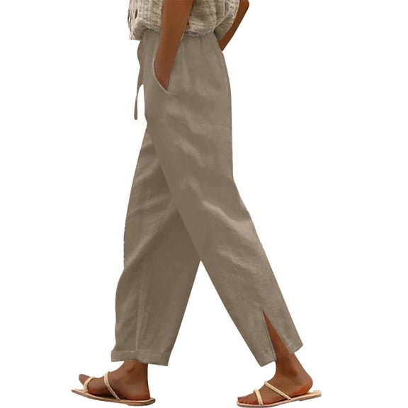 Women Casual Cotton Linen Capris Drawstring Elastic Waist Cropped Wide Leg Pants with Pockets Beige XL