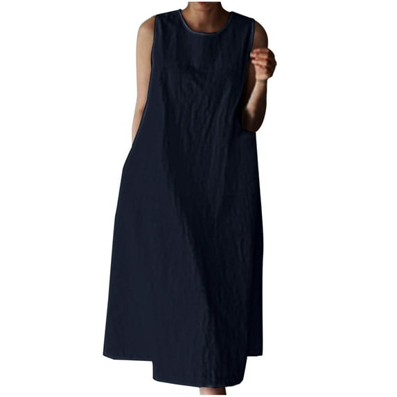 Women Casual Cotton Linen Dress Sleeveless Maxi Dress Flowy Beach Summer Long Tank Dress with Pockets