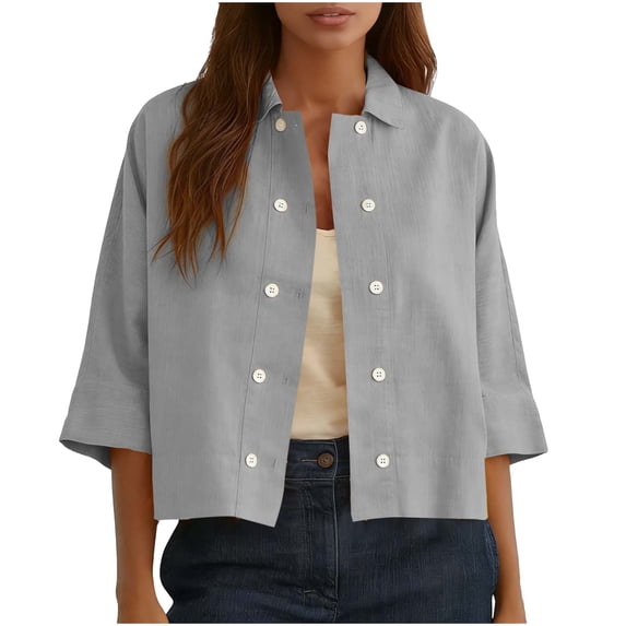 Women Casual Cotton Linen Shirts Summer Lapel Half Sleeve Button Crop Blouses Loose Fit Comfy Soft Solid Color Cropped Tops