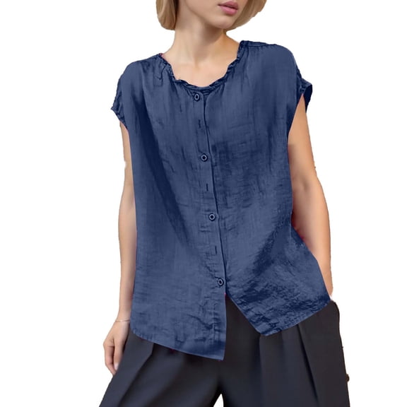 Women Casual Cotton Linen Shirts Summer Loose 1/4 Sleeve Crewneck Button Blouses Trendy Soft Comfy Solid Color Cool Tops