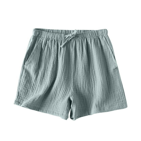 Women Casual Cotton Linen Shorts Elastic High Waisted Drawstring Wide Leg Short Summer Beach Shorts with Pocket
