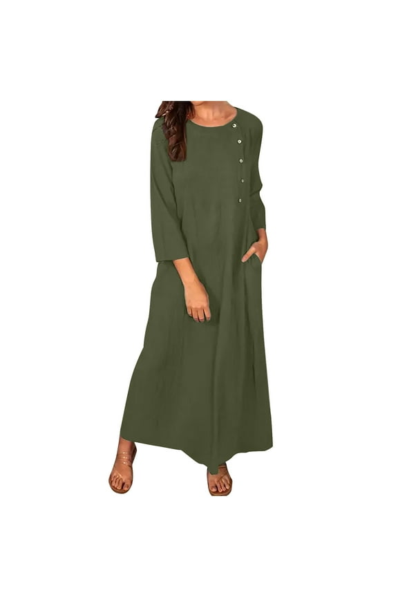 Women Casual Cotton Linen Tunic Dresses with Pockets Button Down Round Neck Long Sleeve Plain Maxi Long Dress Kaftan