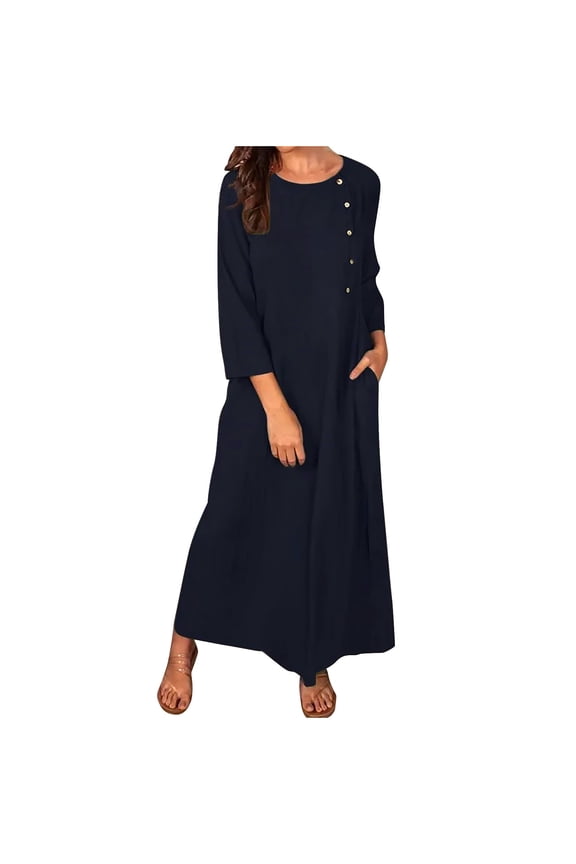 Women Casual Cotton Linen Tunic Dresses with Pockets Button Down Round Neck Long Sleeve Plain Maxi Long Dress Kaftan