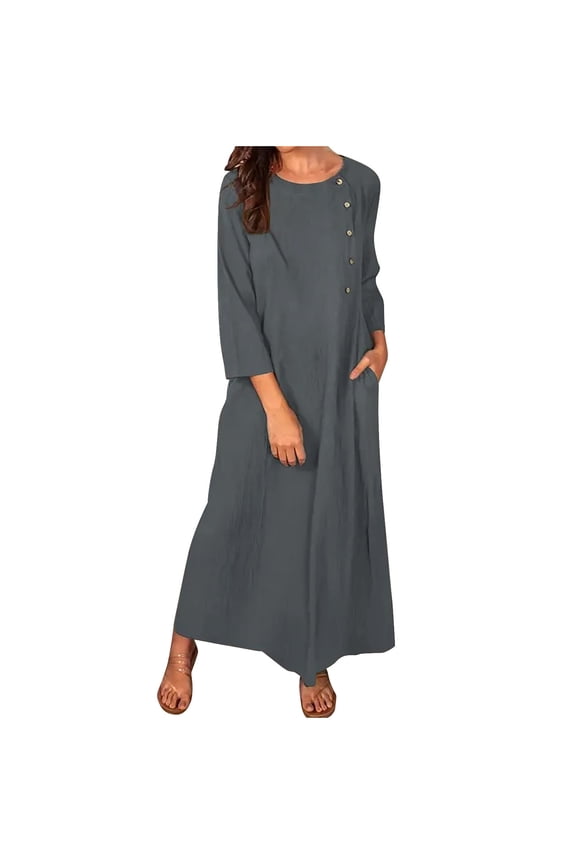 Women Casual Cotton Linen Tunic Dresses with Pockets Button Down Round Neck Long Sleeve Plain Maxi Long Dress Kaftan
