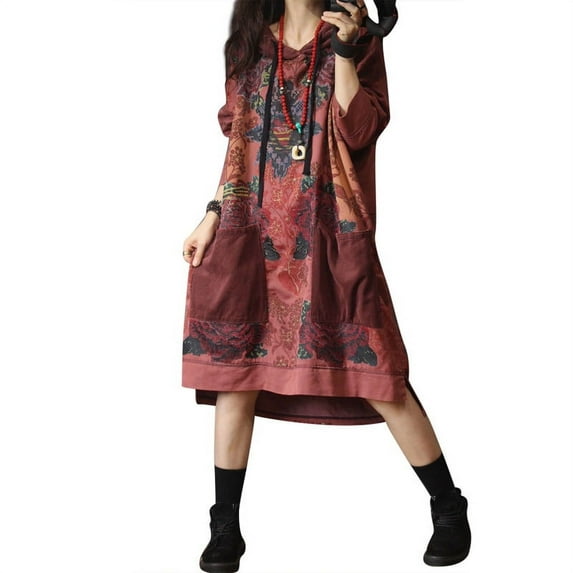Women Casual Cotton Loose Ethnic Floral Hoodies Sweatshirts