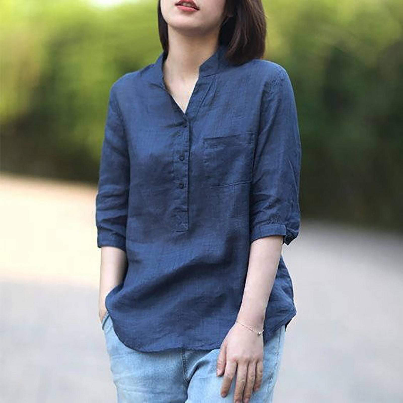 Women Casual Cotton and Linen Stand Collar Shirt Loose Mid-length