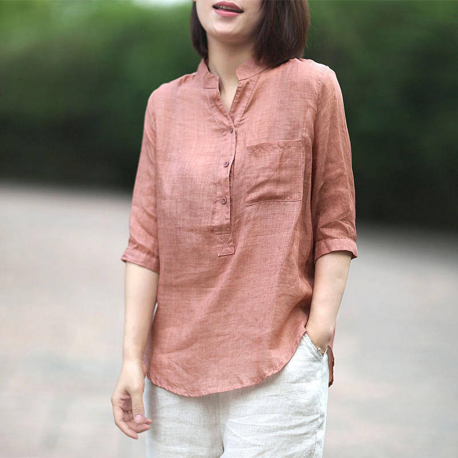 Women Casual Cotton and Linen Stand Collar Shirt Loose Mid-length Sleeve  Shirt