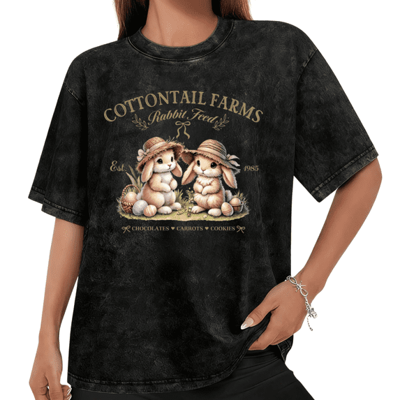 Women Casual Cottontail Farms Easter Bunny Graphic Tees Cotton Crew Neck Printed T Shirt Tops Washed T Shirt Black S-2XL Plus Size
