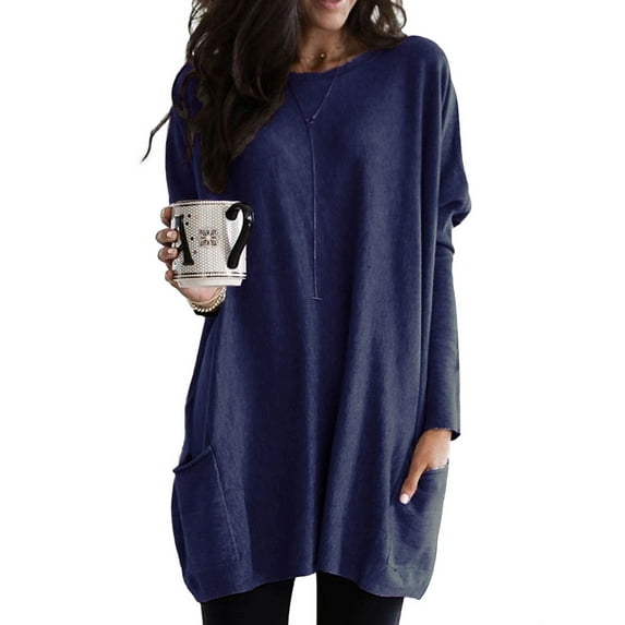 Women Casual Crew Neck Long Sleeves Pocket Solid Color T Shirts Tunic Blouse Tops Ladies Leisure Oversized T Shirt With Pocket